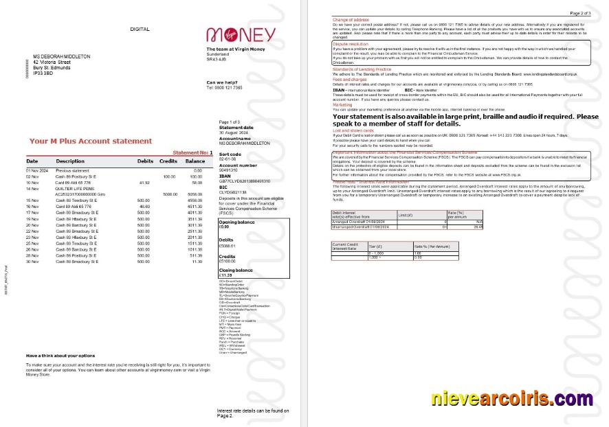 United Kingdom Virgin Money statement, 3 pages